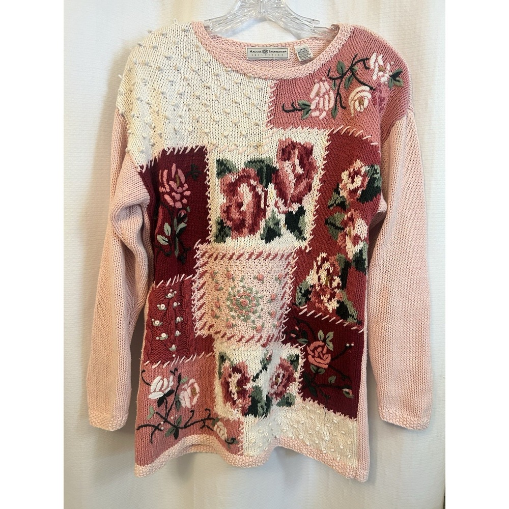 VTG Pink Patchwork Floral Sweater Womens 14/16 Cottagecore Grandmacore Y2K 90s